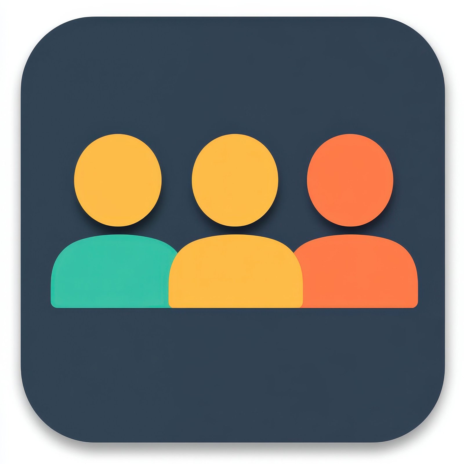 this graphic illustrates a simple app icon representing remote team collaboration, featuring stylized figures in vibrant colors on a dark background.
